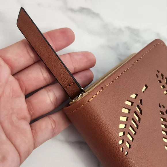 Spring & Summer Pu Leather Brown Leaf Cutout Women's Wallet - Picture 5 of 15